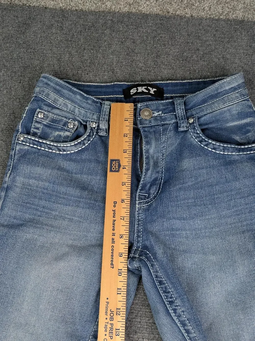 Sky Jeans Juniors 7/8 Blue Flare Low Rise Sparkle Butt Rhinestone Embroidered